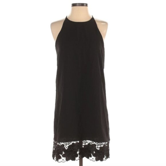 NWT Aqua Floral Lace Hem Trim Black Mini Dress S - Picture 1 of 2